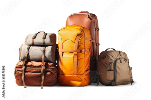 Luggage on an isolated white background. Lots of suitcases, bags and backpacks. Travel luggage. Vacation and travel concept photo