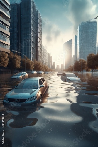 Urban flooding in a megapolis city with skyscrapers. High water level after heavy rain. Flooded cars on the street. Severe weather and flood concept. photo