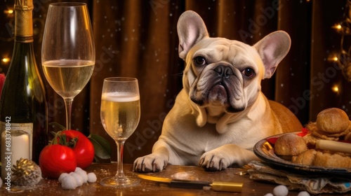 bulldog sitting with glass of champagne or wine. Celebrating, festive concept. © AL