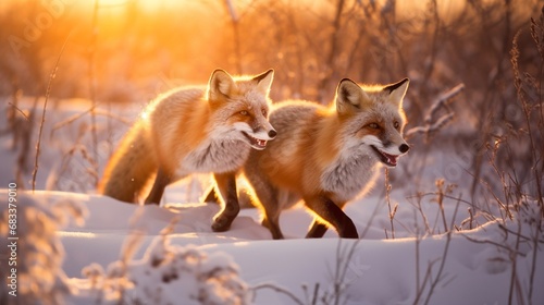 Agile red foxes chasing each other through a pristine snowy meadow, their fur reflecting the winter sunlight.