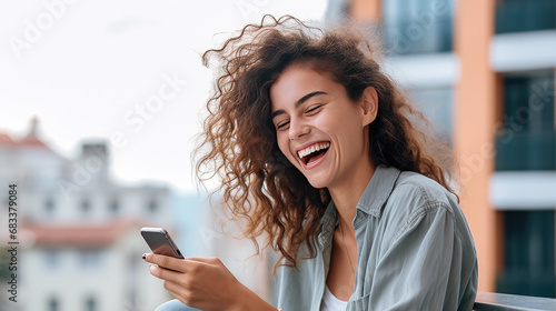 Young woman laugh and look into smartphone screen. Creative concept of mobile operator, mobile internet to communicate with friends, stay always in touch.