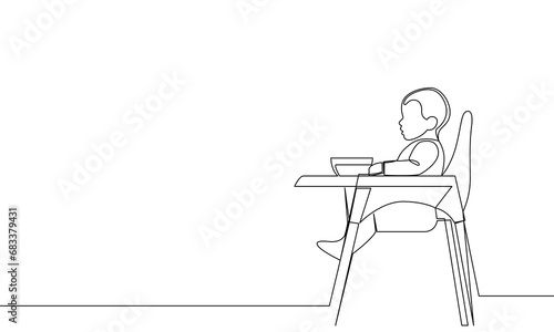 Continuous one line, the baby sits on a high chair for children. Side view. Outline banner. Vector contour linear illustration
