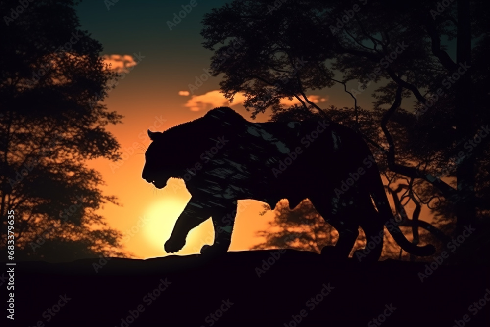 silhouette of a tiger in the forest. tiger in its native environment. Generative AI