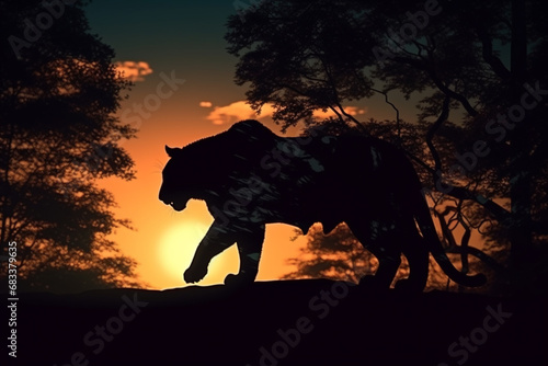 silhouette of a tiger in the forest. tiger in its native environment. Generative AI