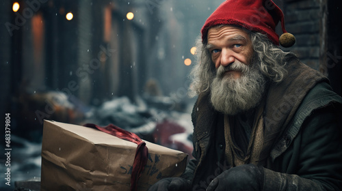 Elderly homeless man in Santa hat holding a Christmas gift on a snowy street. Magical holiday moment captured with a kind-hearted senior in festive attire.