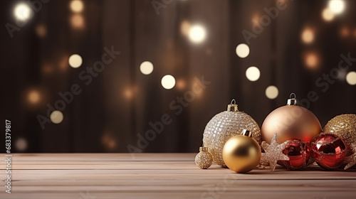 Elegant Christmas ornaments with glitter and bokeh lights on a wooden surface. Close-up of shiny Christmas decorations in a traditional holiday setting.