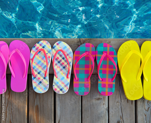 Brightly colored flip-flops on wooden background