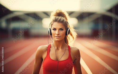 Fit blonde girl with headphones jogging at the street stadium. AI