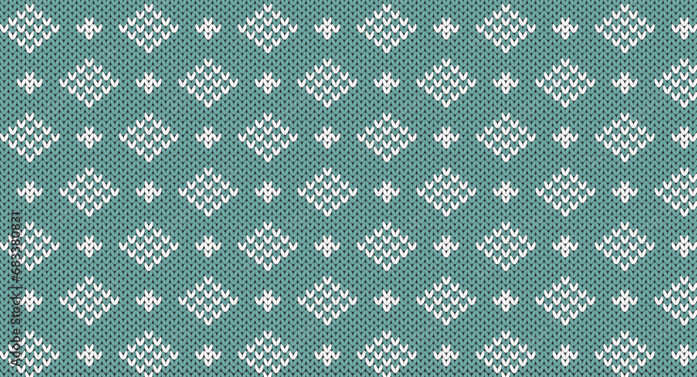 White geomatric on green knitted pattern, Festive Sweater Design, Seamless Knitted Pattern, Vintage fashion design. White geomatric on green knitted pattern, Festive Sweater Design, Seamless Knitted Pattern, Vintage fashion design.