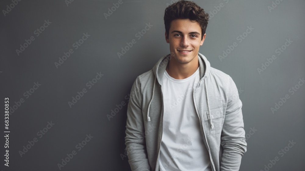 Obraz premium An attractive young man in a stylish casual outfit, radiating confidence, captured in a candid moment against a modern silver background.
