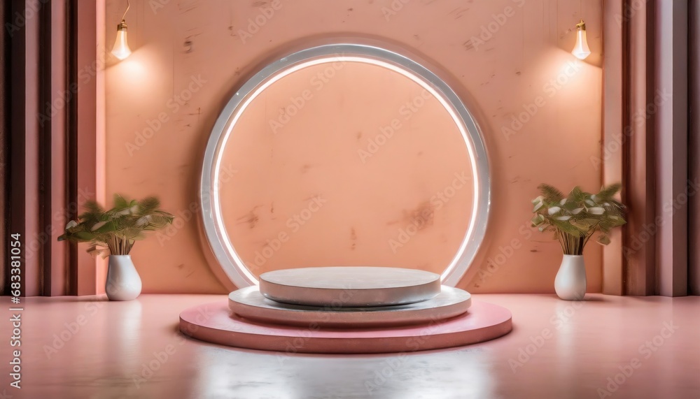 pink platform with neon shining and transparent glass rings. Geometric shapes composition with empty space for product design show.. AI generated. pink platform with neon shining and transparent glass rings. Geometric shapes composition with empty space for product design show.. AI generated.