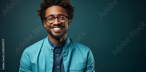 Mockup, portrait and black man with glasses, smile and optometry on a green studio background. Face, person and model with eyewear, clear vision and happiness with optometrist, sight and looking