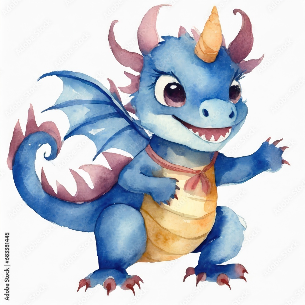 Cute Blue Dragon with watercolor on white background, Year of the Dragon. AI generated.
