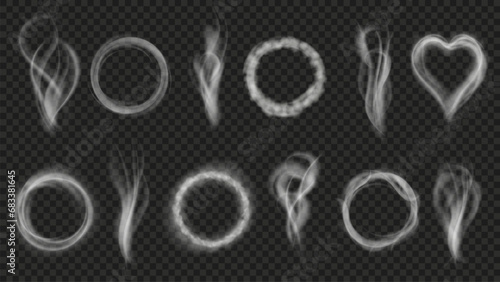 Smoke rings and waves. White cigarette smoke, hookah or vape rings and misty ethereal circles. Isolated vector overlay effects set photo