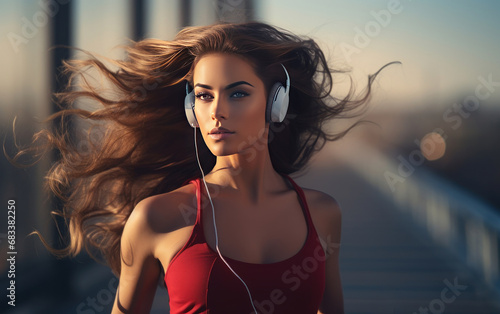 Beautiful fit girl in headphones with hair flying in the wind runs down the street. AI photo