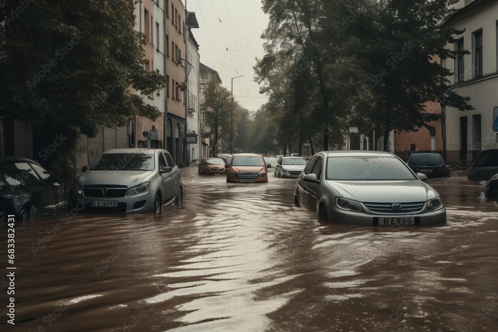 Urban flooding in a small city or town. High water level after heavy rain. Flooded cars on the street. Severe weather and flood concept. Urban flooding in a small city or town. High water level after heavy rain. Flooded cars on the street. Severe weather and flood concept.