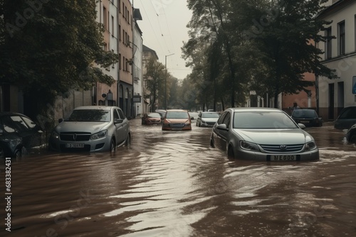 Urban flooding in a small city or town. High water level after heavy rain. Flooded cars on the street. Severe weather and flood concept. © Ilia