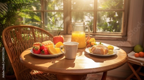 A cozy breakfast nook, with a small wooden table, morning sunlight streaming in, with toast, juice, and fresh fruit.