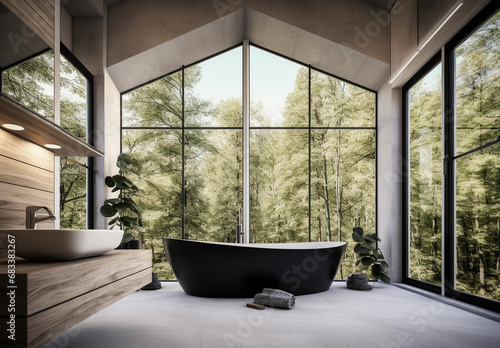 interior of a bathroom with panoramic window © Inna
