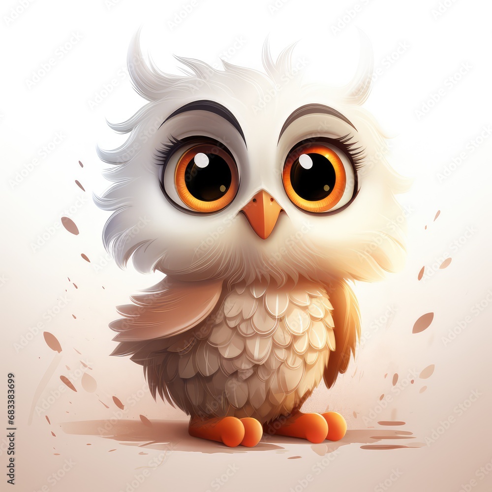 Cute owl with big eyes sitting on white background