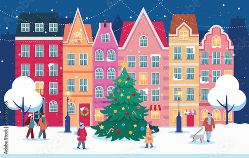  Christmas tree, christmas town panorama with people in the night. Winter landscape with houses. Christmas winter old town street. christmas town city panorama.  Snowy winter, vector illustration