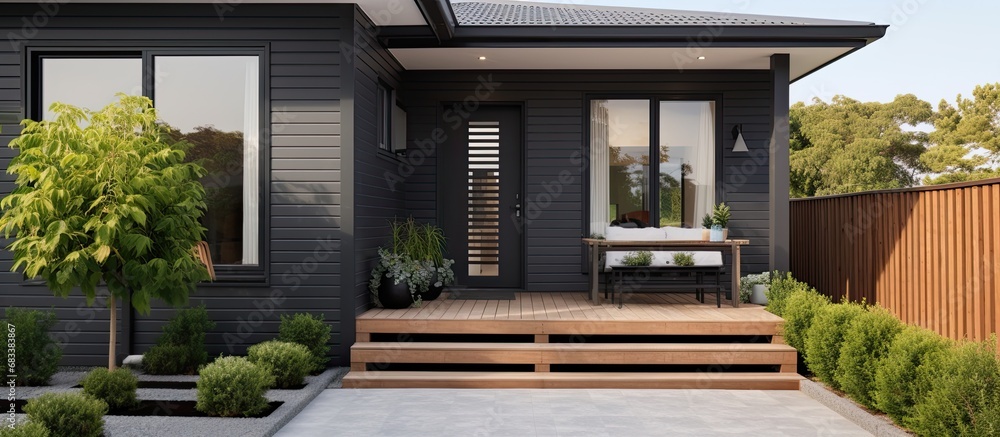Modern comfortable house with porch stylish door paved yard and shuttered windows