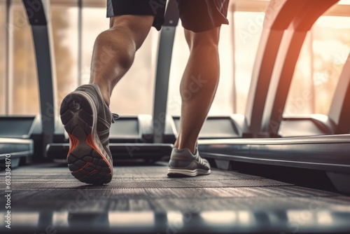  male legs running on treadmill in gym photo