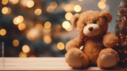 Christmas teddy bear toy, sitting on a couch with bokeh lights in the background. Graphic banner 