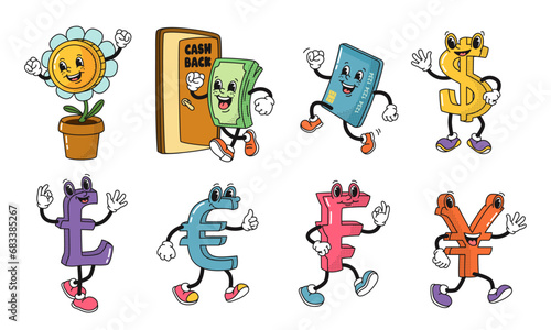 Cartoon finance mascots. Dollar and euro signs, cash back, deposit coin as flower and banking card characters vector illustration set