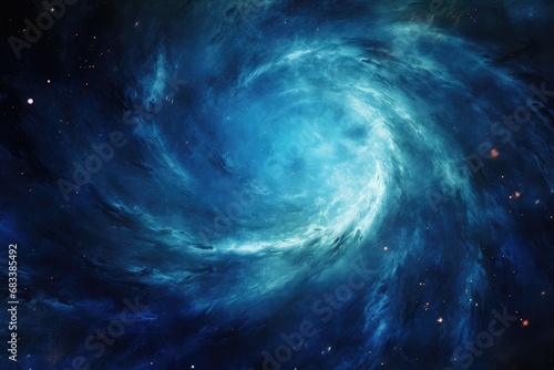  deep blue star field with a dense, swirling nebula at the center