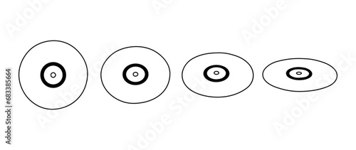 Hand drawn cute outline illustration of vinyl record set. Flat vector old audio storage sticker collection in line art doodle style. Sound record in different positions icon. Music plate. Isolated.