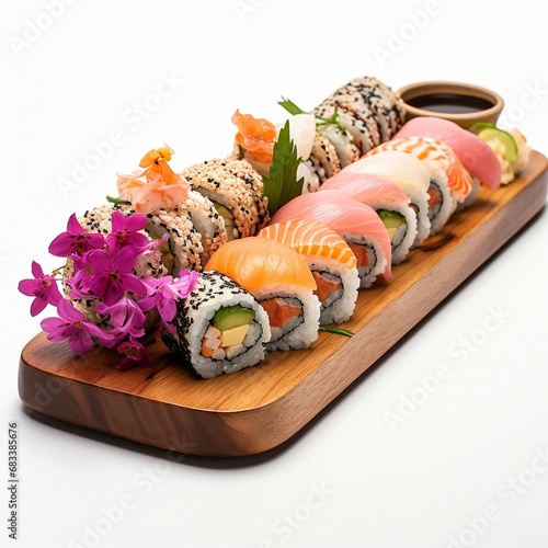 Mixed Sushi Rolls on white background, Fresh Tasty Food, vegetables and Shoyu, wasabi