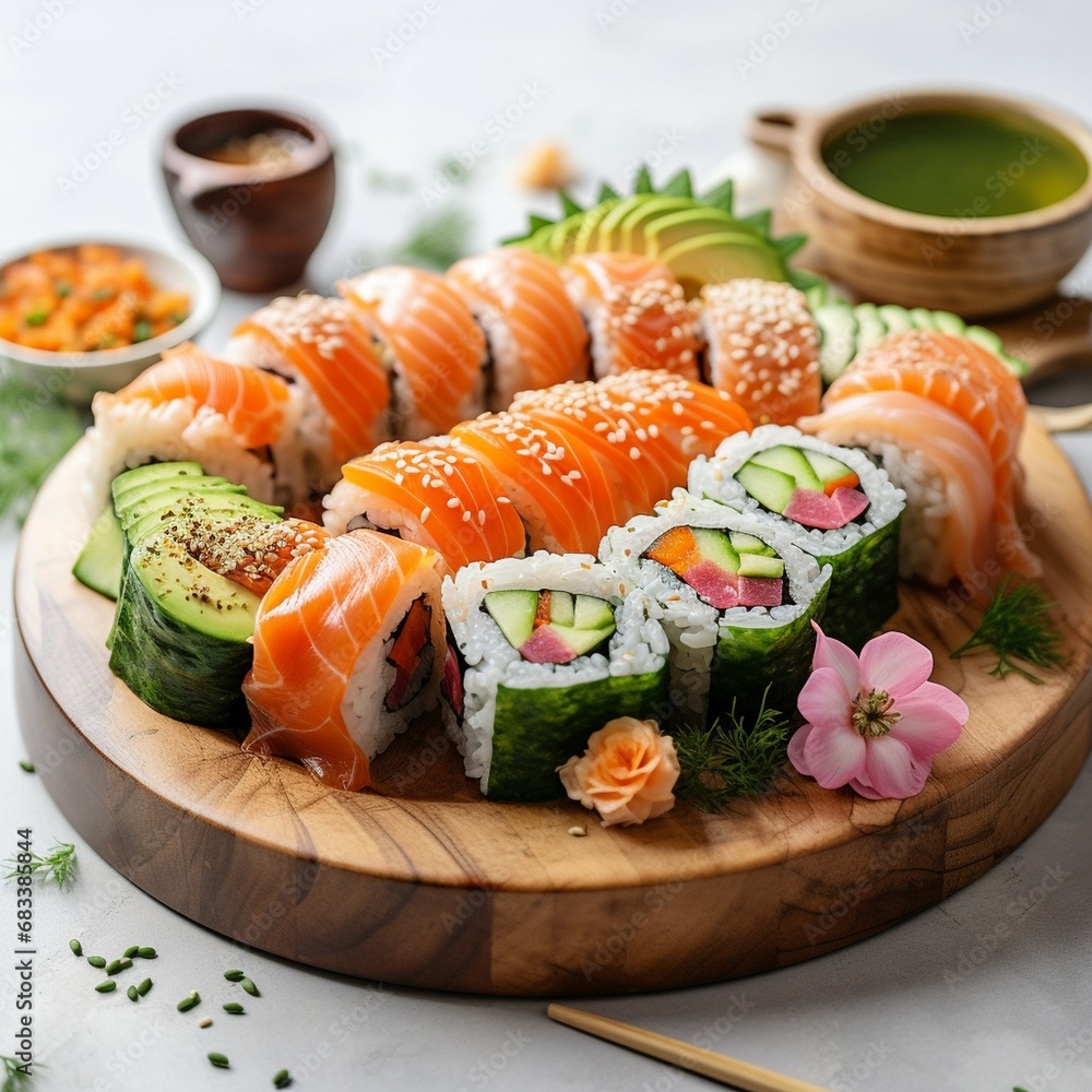 Mixed Sushi Rolls on white background, Fresh Tasty Food, vegetables and Shoyu, wasabi Mixed Sushi Rolls on white background, Fresh Tasty Food, vegetables and Shoyu, wasabi