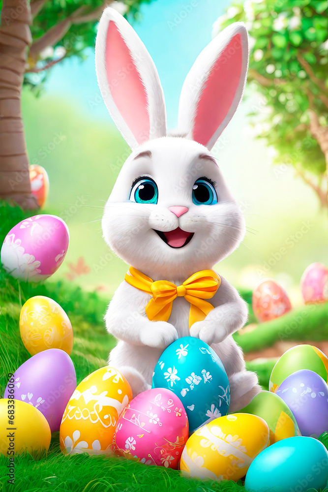 Easter greeting card. Bunny, colourful eggs and flowers, 3d render modern illuatration. Easter greeting card. Bunny, colourful eggs and flowers, 3d render modern illuatration.