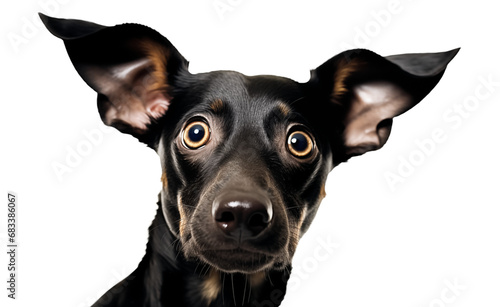 funny playful Miniature Pinscher dog or pet is playing and looking isolated on transparent background. Miniature Pinscher is posing. Cute, crazy dog headshot smiling on transparent, png 