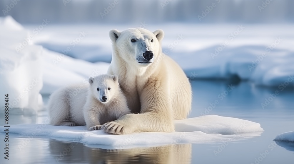  Ursus maritimus habitat. White polar bear with cub in Arctic wildlife.  Mother and his baby. North Pole environment. Snowy icy landscape. Ecology concept - obrazy, fototapety, plakaty 