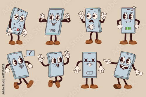 Cartoon mobile phone mascot. Powerful charged smartphone, broken screen and dead battery cellphone character vector illustration set