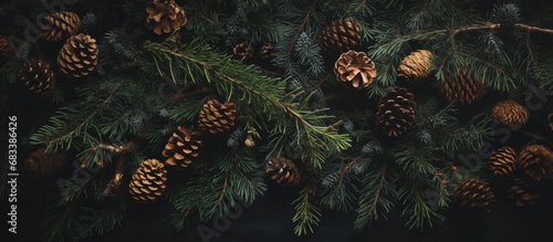 Christmas dark  holiday background with pine and spruce branches  fir cones. Pine texture. Flat lay  top view   advertising banner