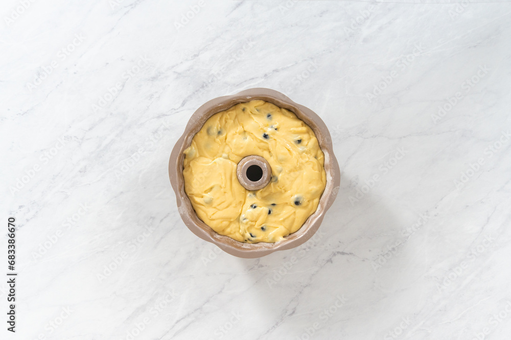 Lemon blueberry bundt cake with powdered sugar dusting Lemon blueberry bundt cake with powdered sugar dusting