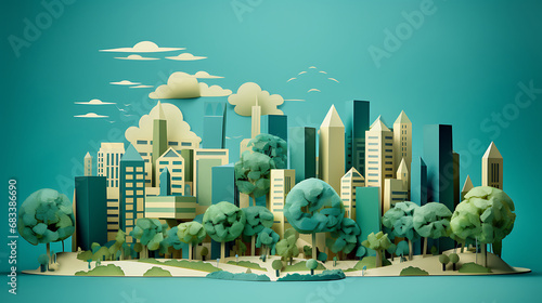 3D paper model of city with trees and buildings. Generative Ai photo
