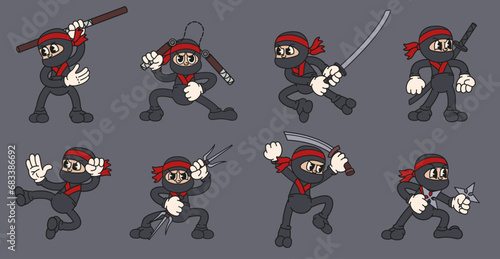 Cartoon ninja mascot. Cute Asian warrior in fighting poses with katana sword, nunchucks, shuriken and sai vector illustration set