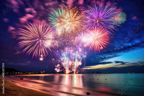 Fireworks show on tropical beach. The New Year celebration