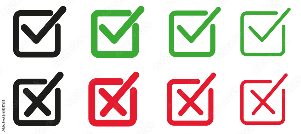 Set of flat buttons. Green ticks and red crosses. Square and different thickness of lines. Vector graphics. Set of flat buttons. Green ticks and red crosses. Square and different thickness of lines. Vector graphics.