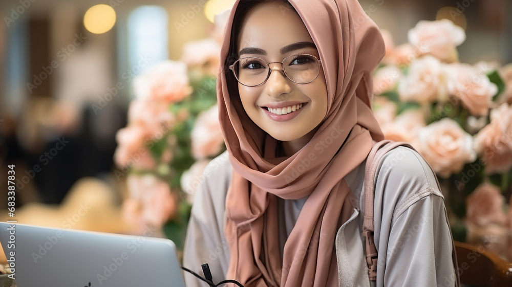 Young asian muslim woman looking at laptop happy excited successfull generative ai Young asian muslim woman looking at laptop happy excited successfull generative ai