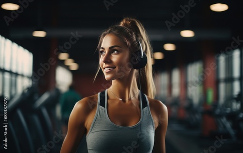 Fitness girl in a grey top with headphones in gym. AI