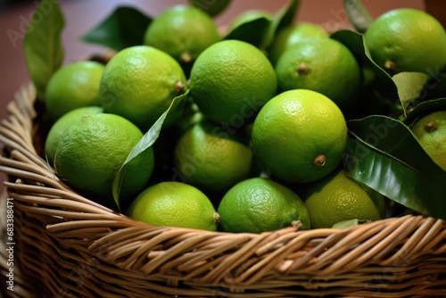 Green fresh limes on a straw small basket