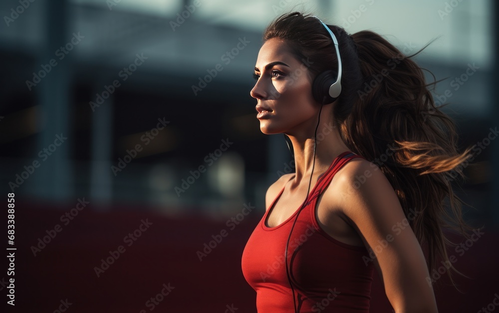 Fit sexy girl with headphones jogging at the street stadium. AI