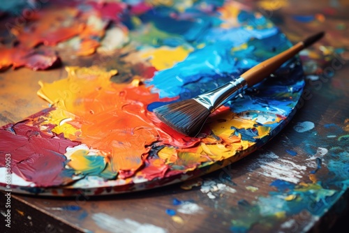 Close-up of a painter's palette with vibrant oil paints and a paintbrush.