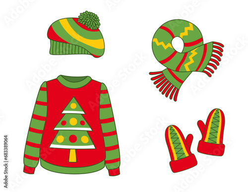 Colorful set of winter clothes, sweater, beret, mittens, scarf