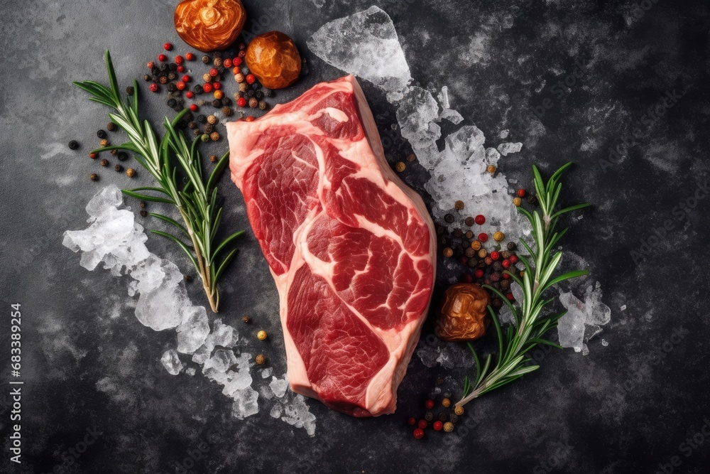 Raw organic meat ( beef with bone ) on a dark slate, metal, stone or concrete background